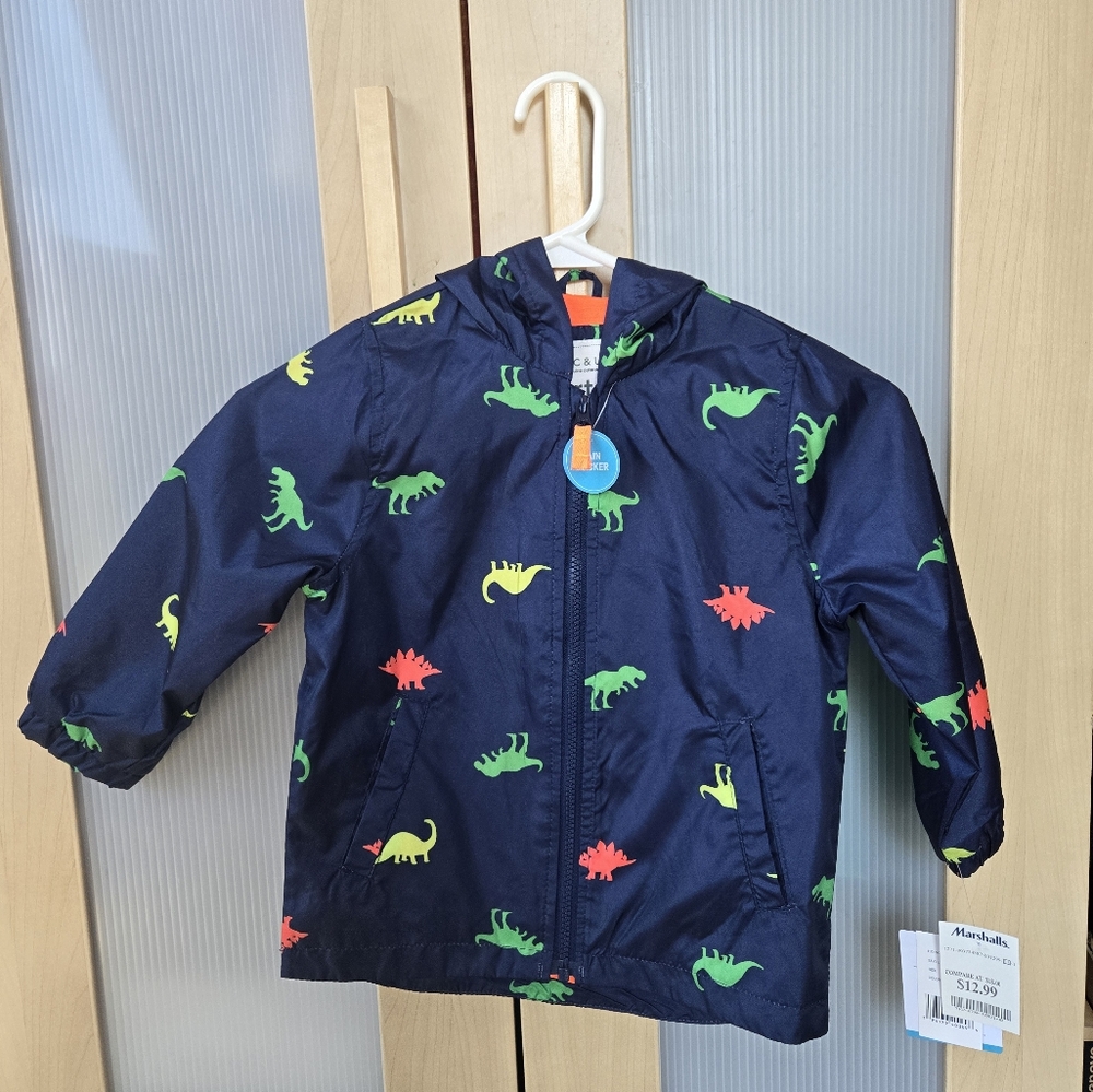 Carter's 3T Lined Raincoat with Hood Full Zip Dinosaur Blue White Orange